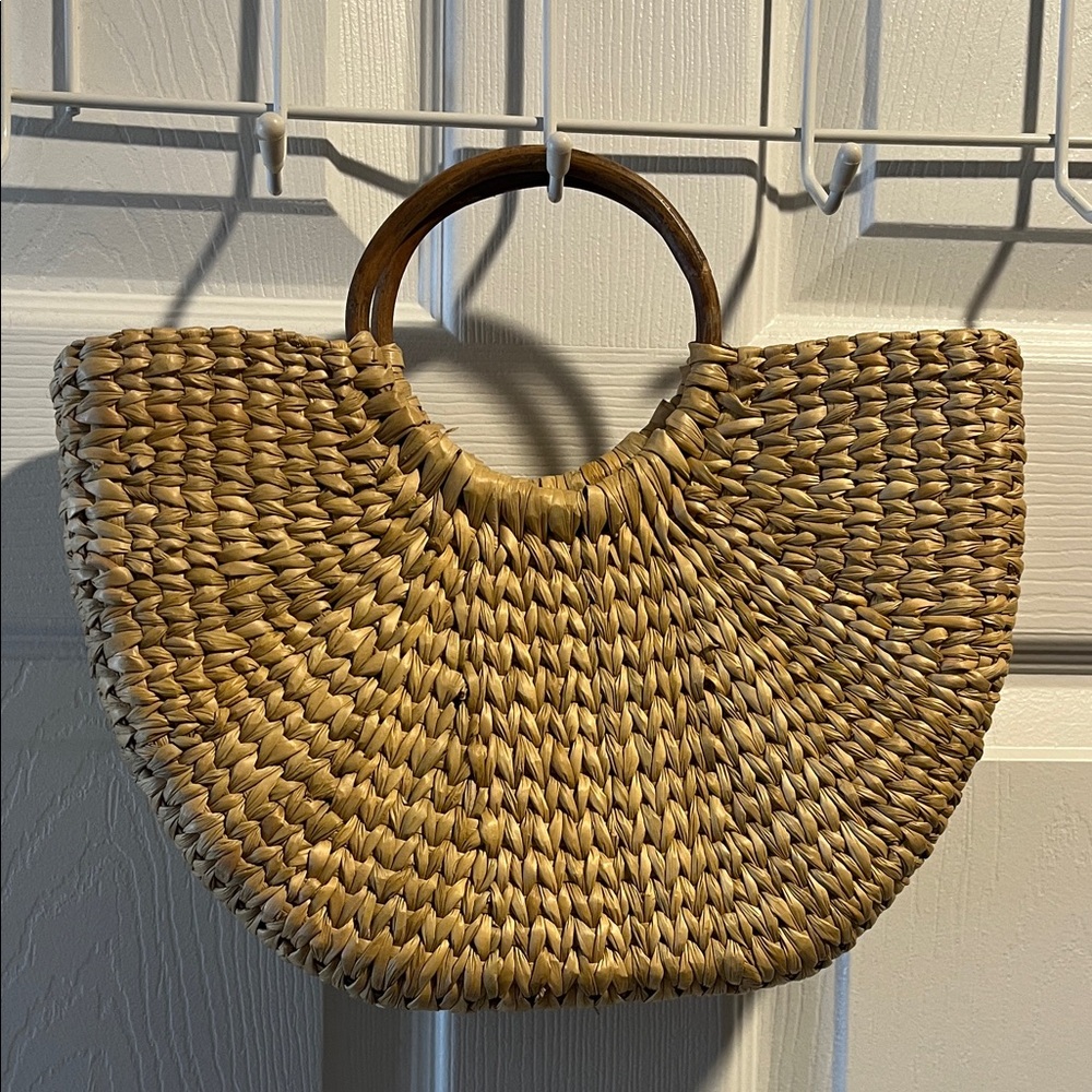 Handcrafted Tan Woven Bag with Wooden Handle